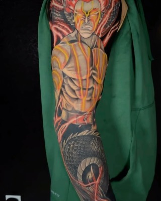 Anime character, dragon and naruto tattoo on the shoulder, sleeve, Anime & Pop Culture style, by Inksane Shorty in Austin, TX