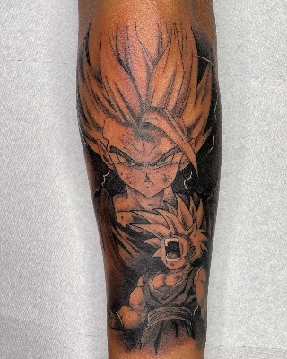 Anime character, dragon ball and gohan tattoo on the forearm, half sleeve, Anime & Pop Culture style, by Inksane Shorty in Austin, TX