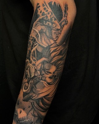 Anime character, dragon ball, cell and gohan tattoo on the forearm, Anime & Pop Culture style, by Inksane Shorty in Austin, TX