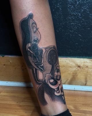 Cartoon character, gun, jessica rabbit, female figure and who framed roger rabbit tattoo, Anime & Pop Culture style, by Inksane Shorty in Austin, TX