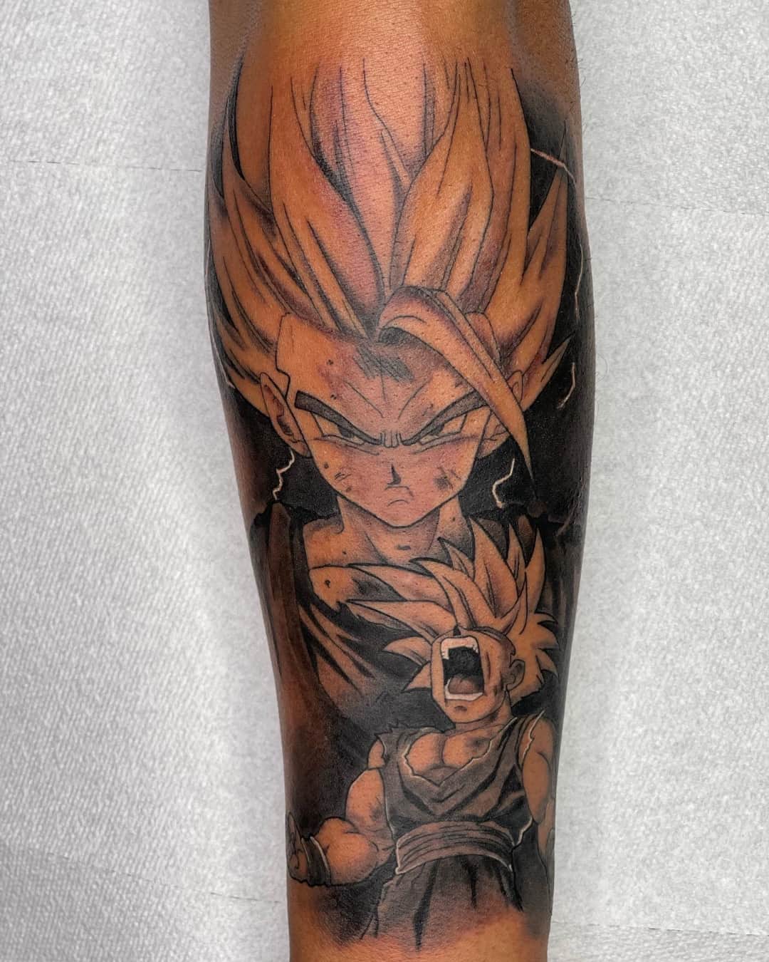 Anime character, dragon ball and gohan tattoo on the forearm, half sleeve, Anime & Pop Culture style, by Inksane Shorty in Austin, TX