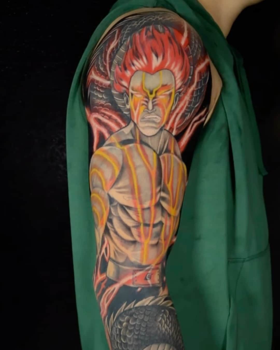 Anime character, dragon and naruto tattoo on the upper arm, sleeve, Anime & Pop Culture style, by Inksane Shorty in Austin, TX