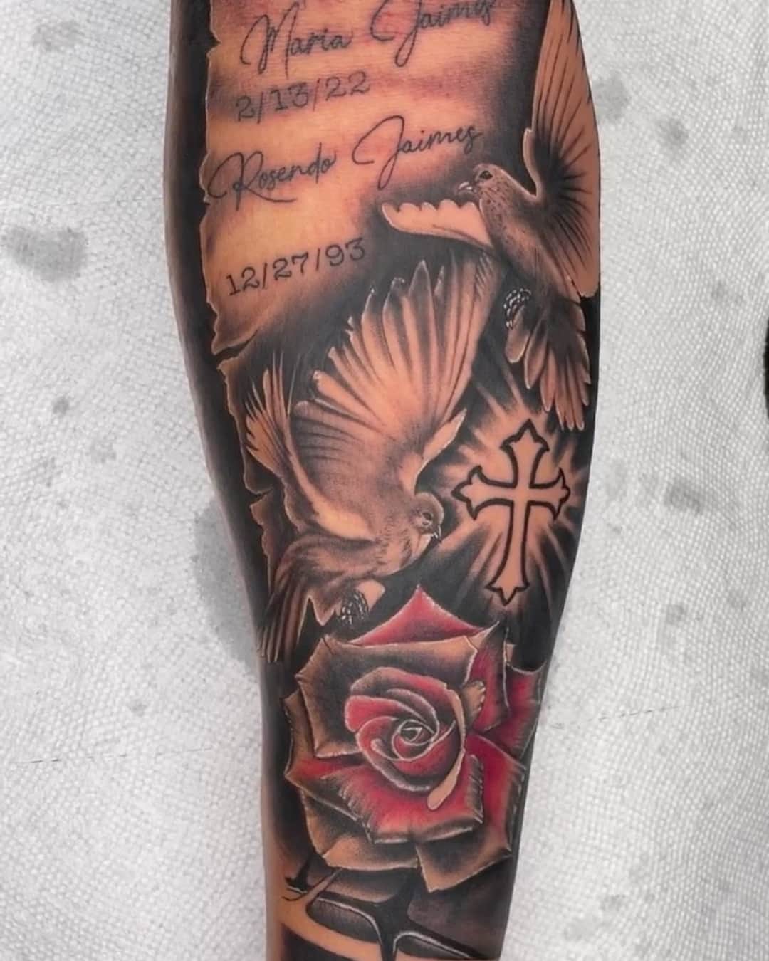 Dove, rose and cross tattoo on the forearm, half sleeve, Chicano style, by Inksane Shorty in Austin, TX