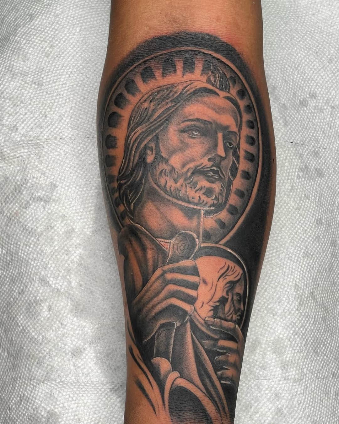 Madonna and saint jude tattoo on the forearm, Chicano style, by Inksane Shorty in Austin, TX