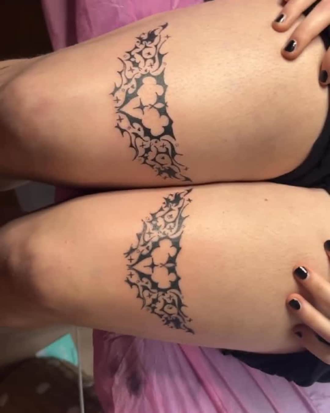 Heart symbol, ornamental filigree and star tattoo on the thigh, Cyber-tribal style, by Emma in Austin, TX