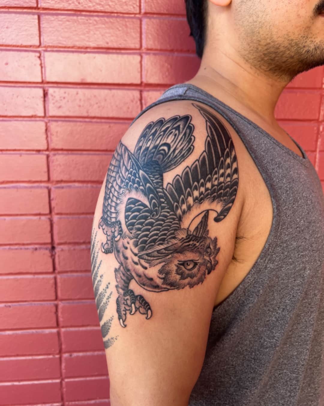 Eagle tattoo on the shoulder, large piece, Illustrative style, by Donny Newman in Austin, TX