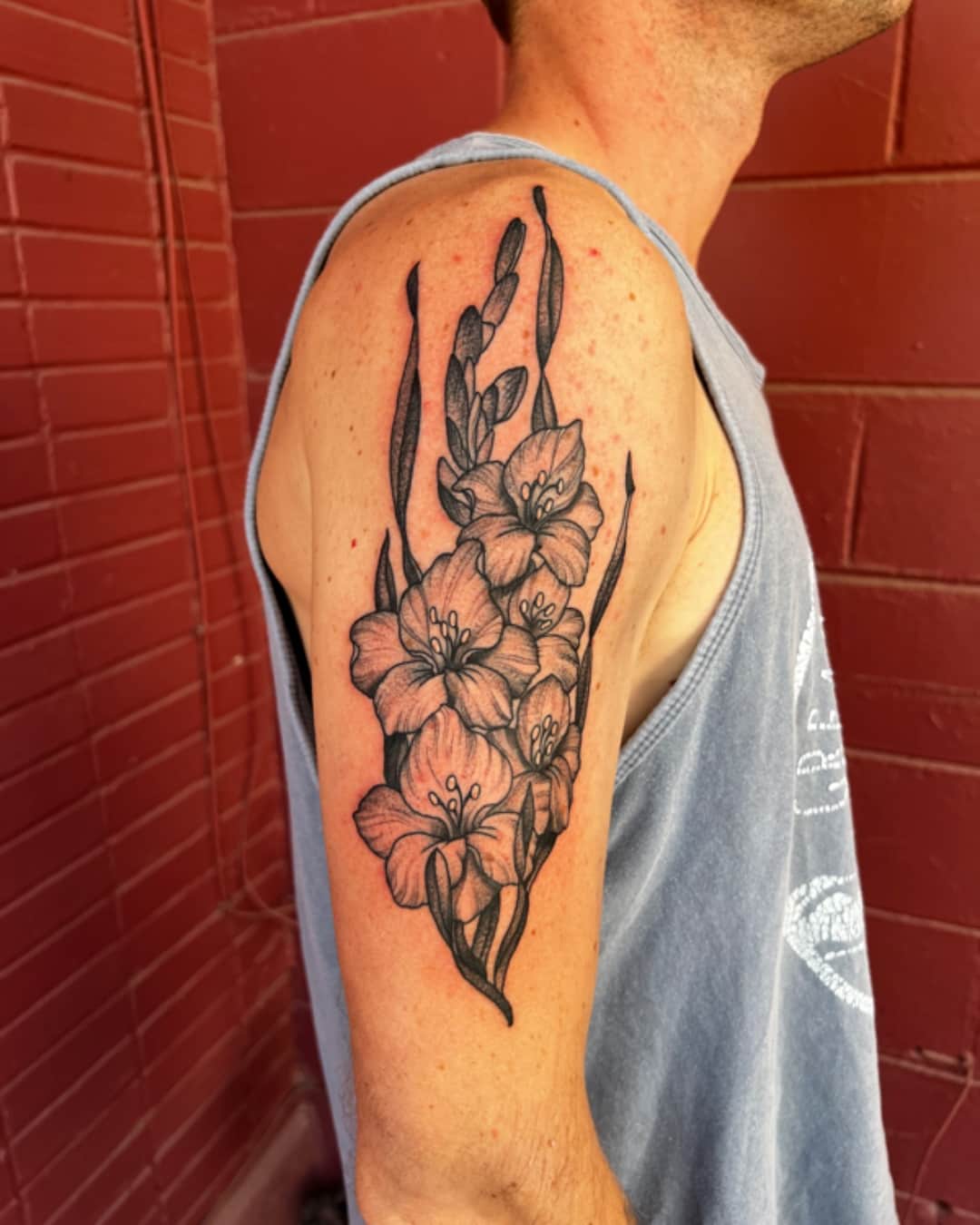 Small gladiolus tattoo on the upper arm, Illustrative style, by Donny Newman in Austin, TX