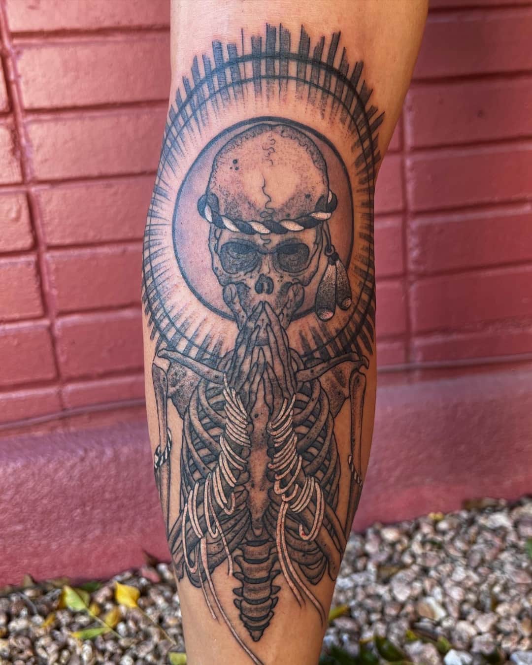 Skeleton, feather and ornamental filigree tattoo on the calf, large piece, Illustrative style, by Donny Newman in Austin, TX