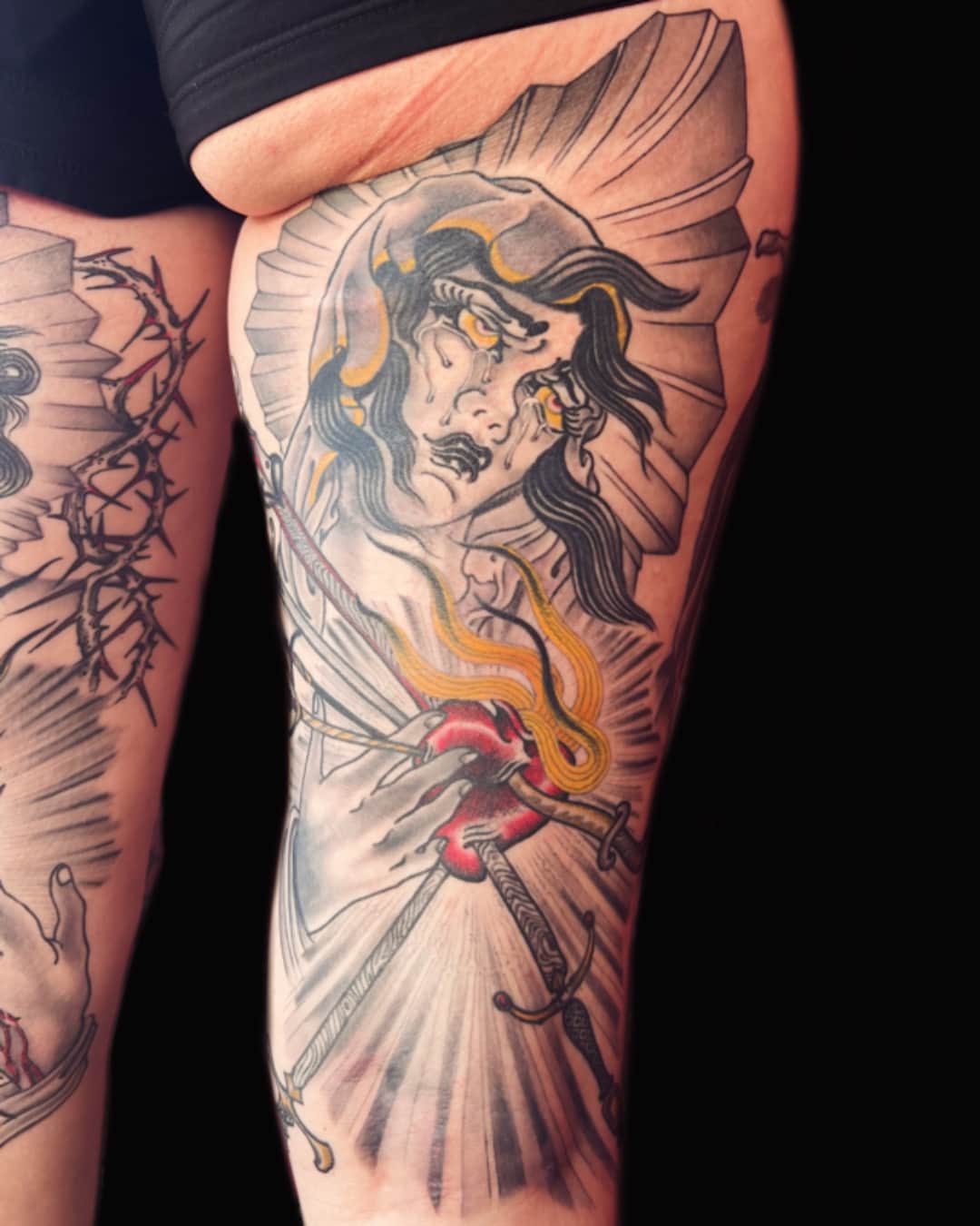 Female figure, dagger and angel tattoo on the thigh, large piece, Illustrative style, by Donny Newman in Austin, TX