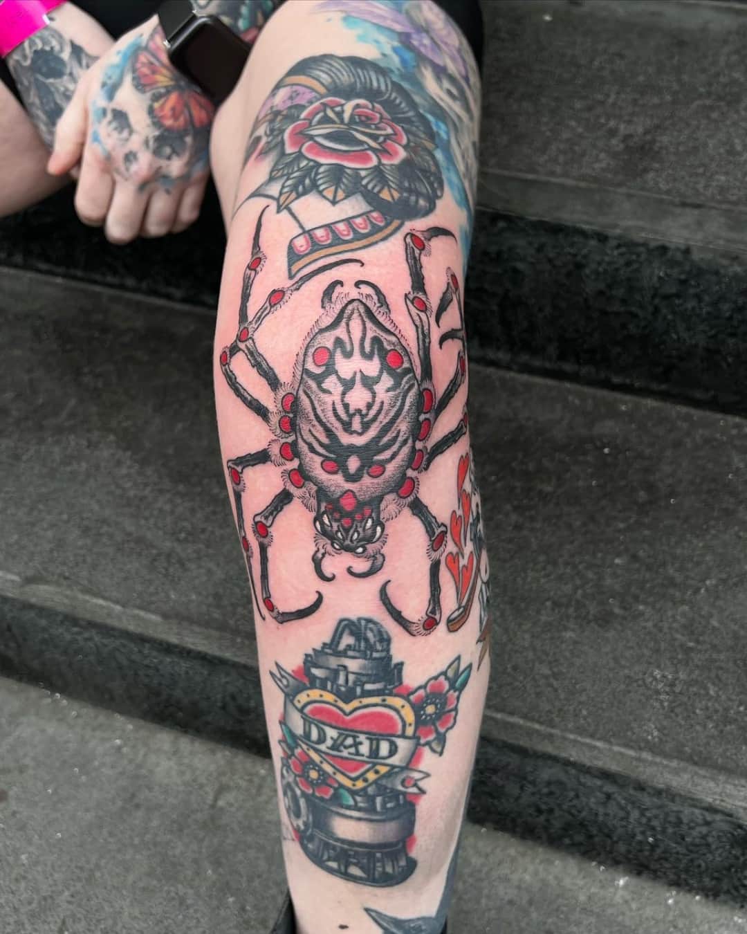 Spider, rose and heart symbol tattoo on the calf, large piece, Illustrative style, by Donny Newman in Austin, TX