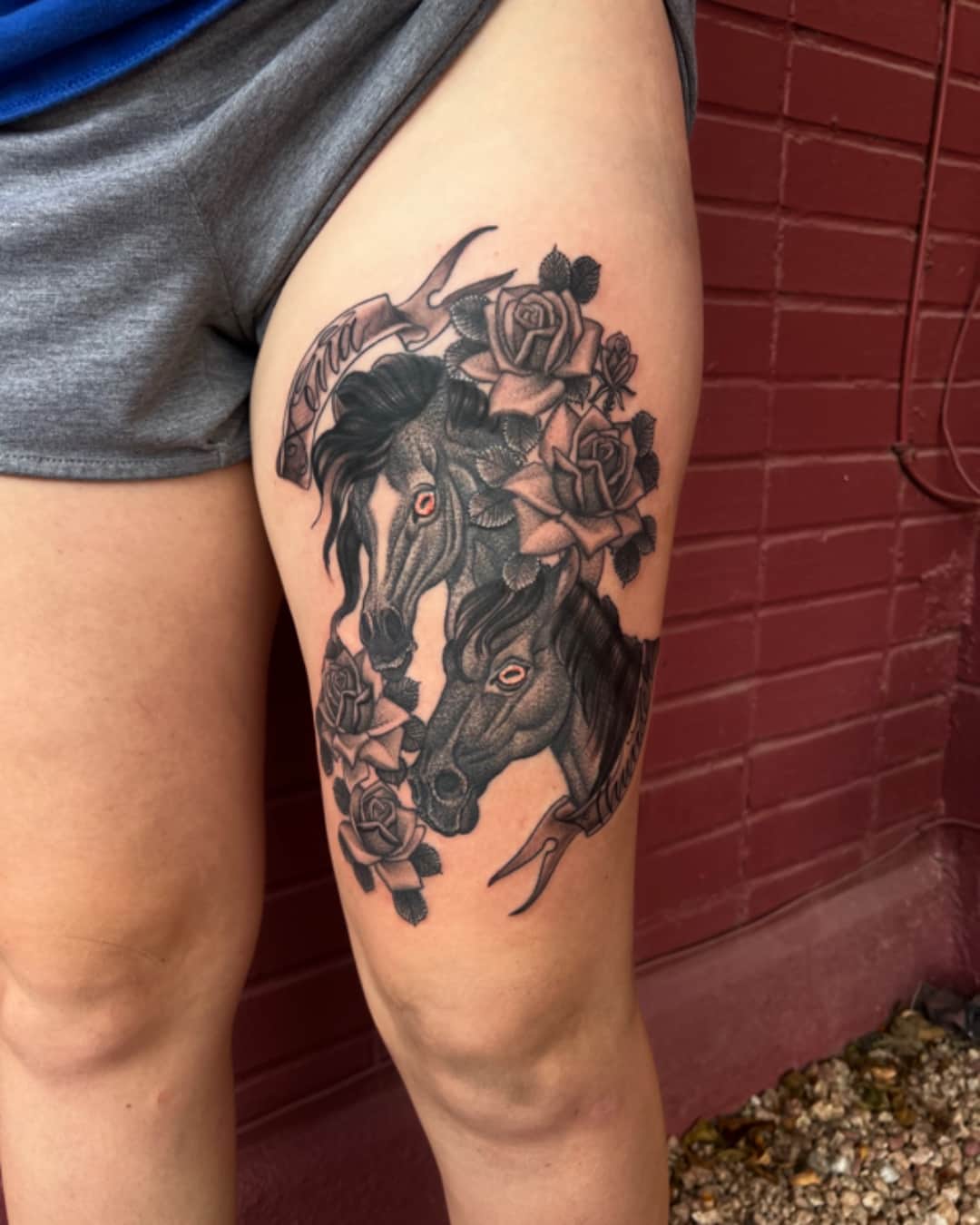 Horse and rose tattoo on the thigh, large piece, Illustrative style, by Donny Newman in Austin, TX