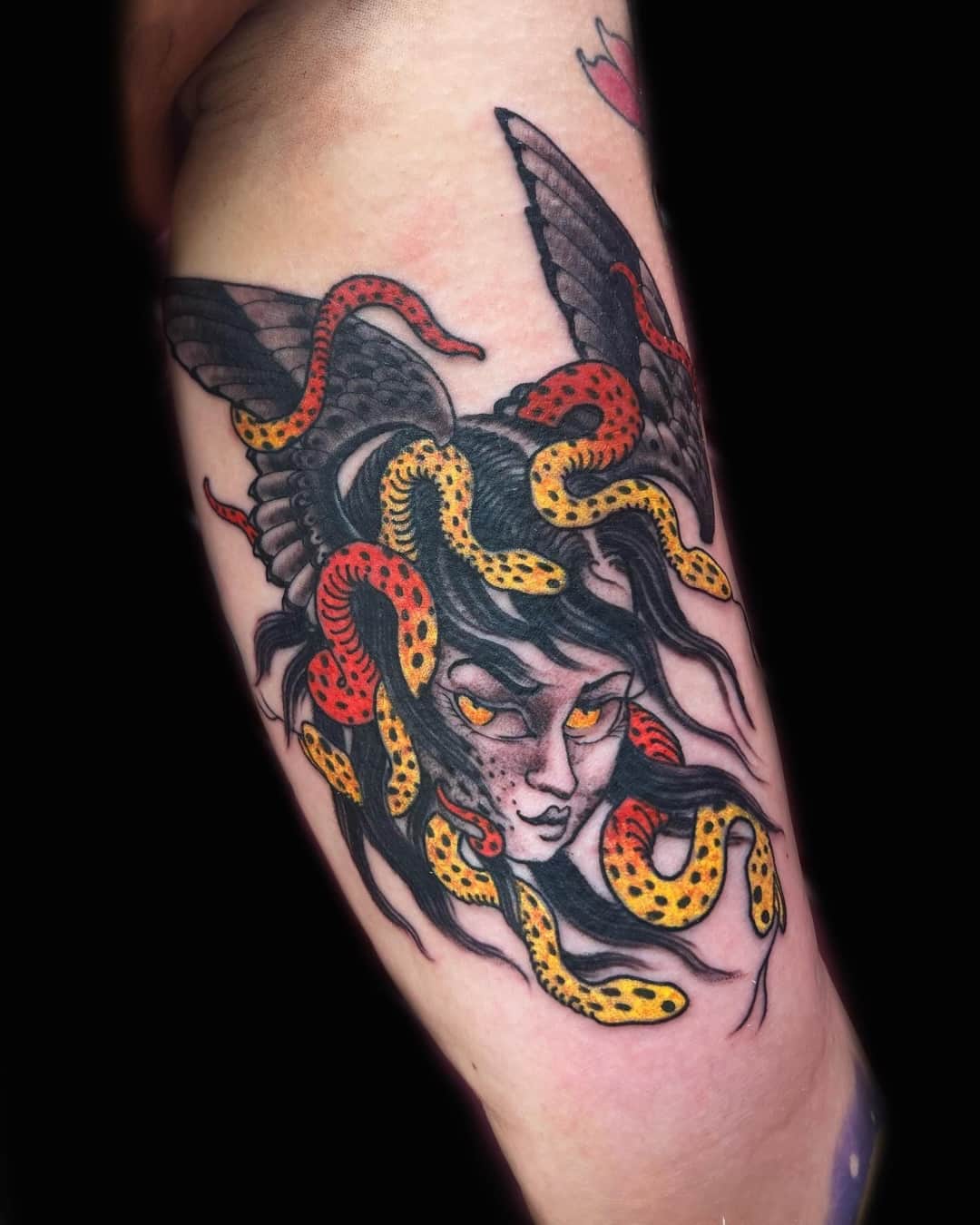 Medusa, snake and female figure tattoo on the thigh, large piece, Illustrative style, by Donny Newman in Austin, TX
