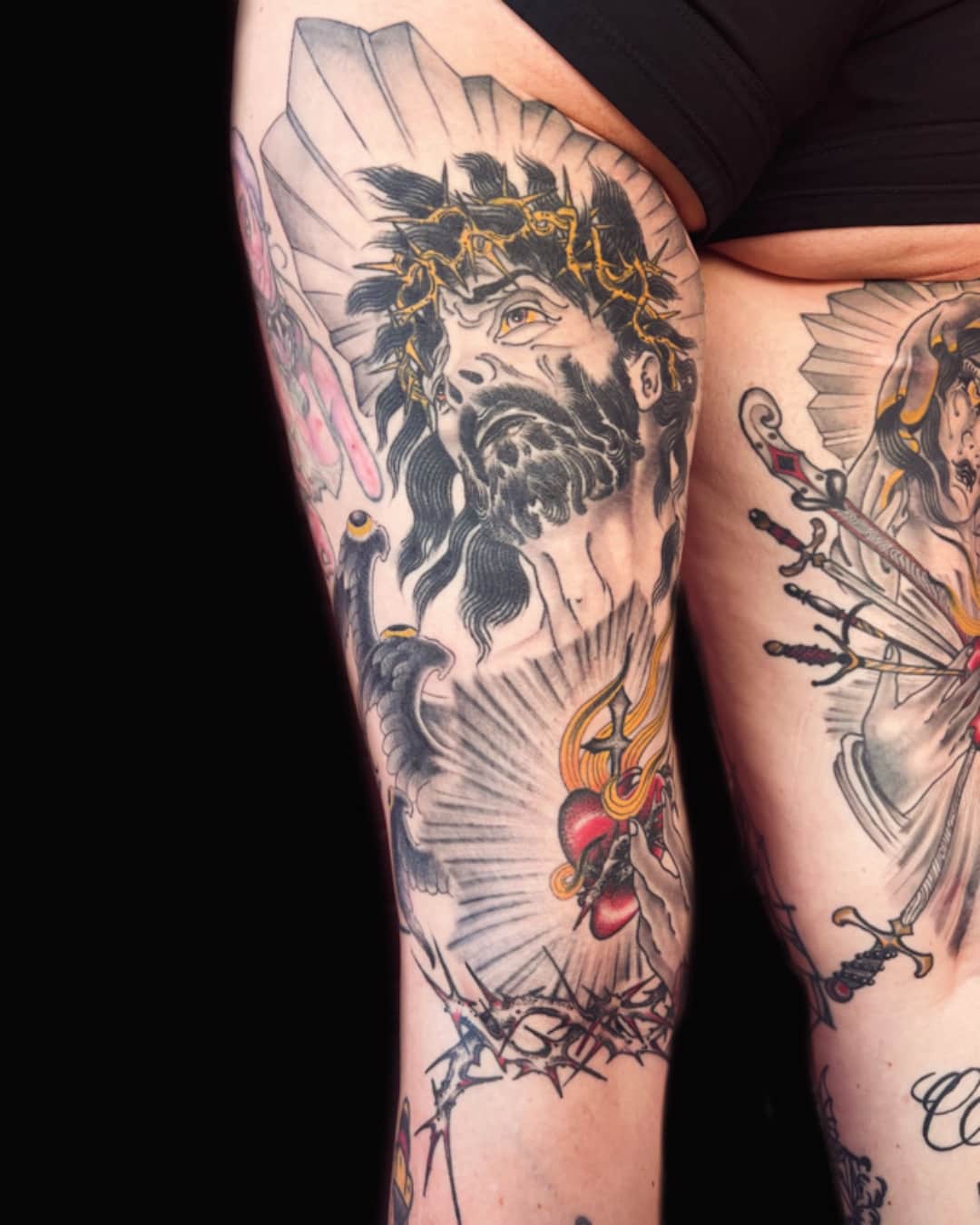 Portrait, sacred heart and crown tattoo on the thigh, large piece, Illustrative style, by Donny Newman in Austin, TX
