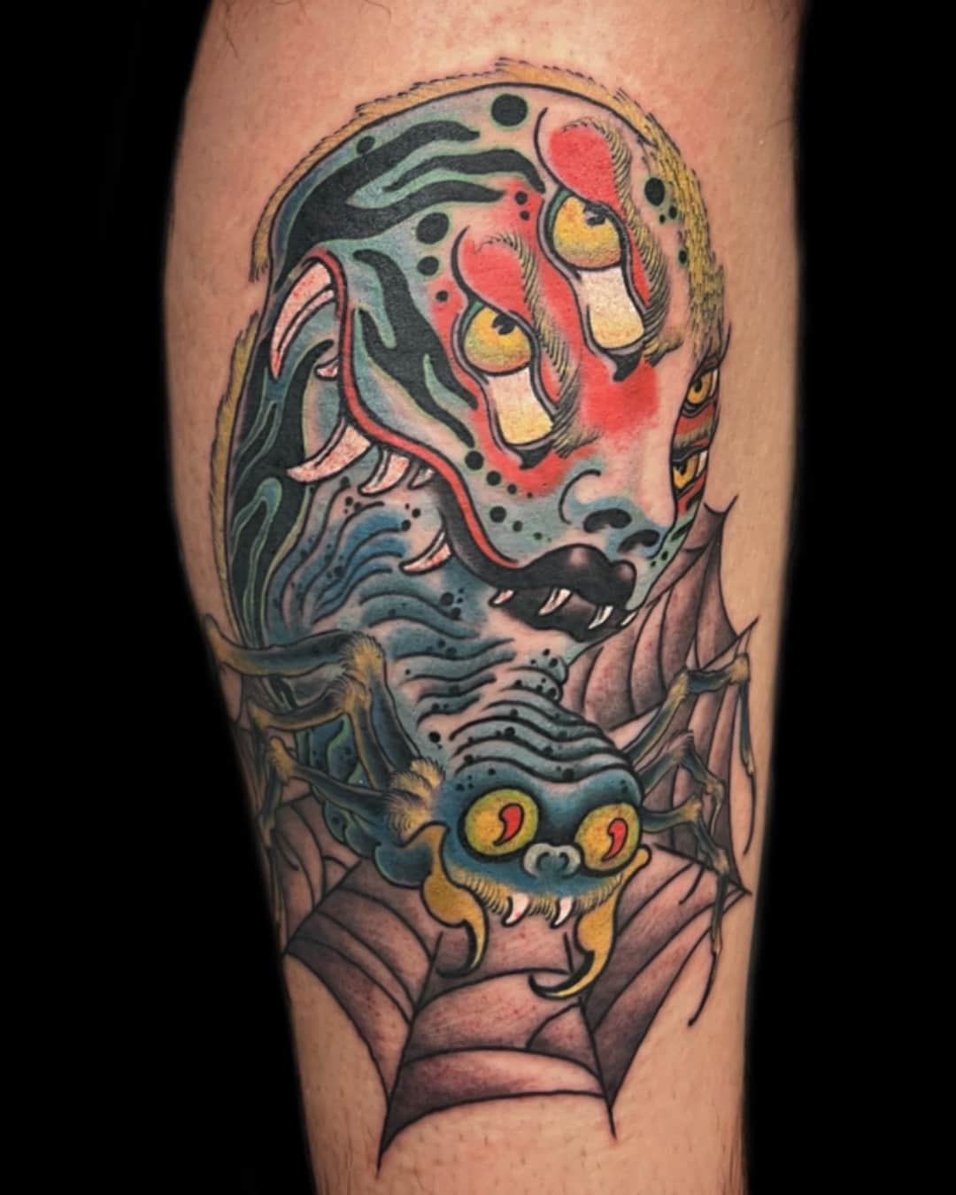 Small demon, anatomical heart and skull tattoo on the forearm, Illustrative style, by Donny Newman in Austin, TX