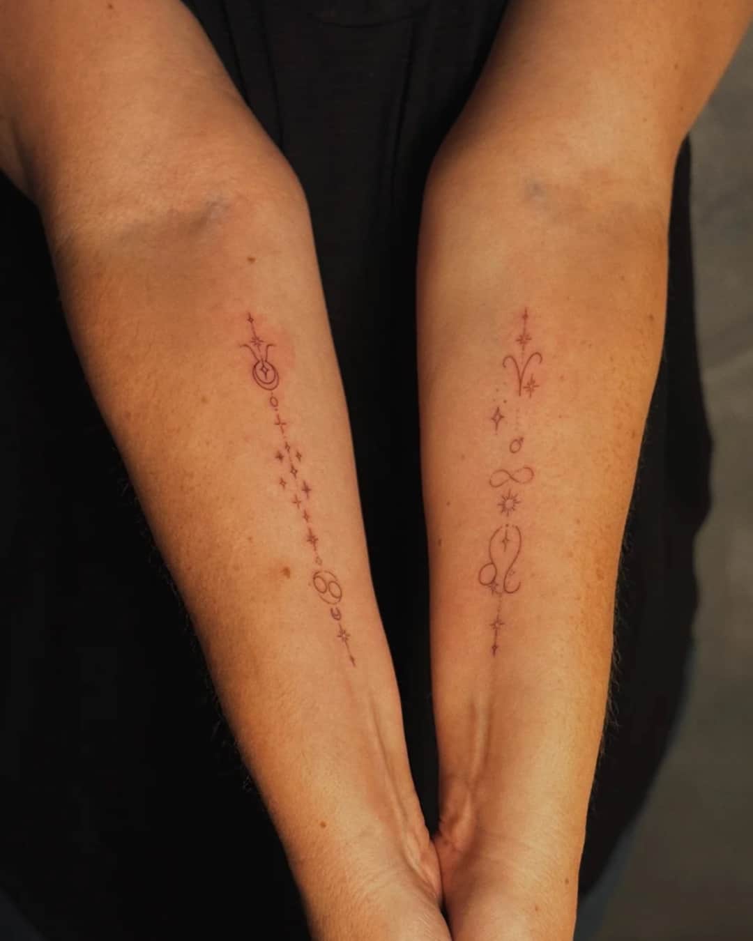 Small zodiac sign, star and celestial tattoo on the calf, Ornamental style, by Luisa Duarte in Austin, TX