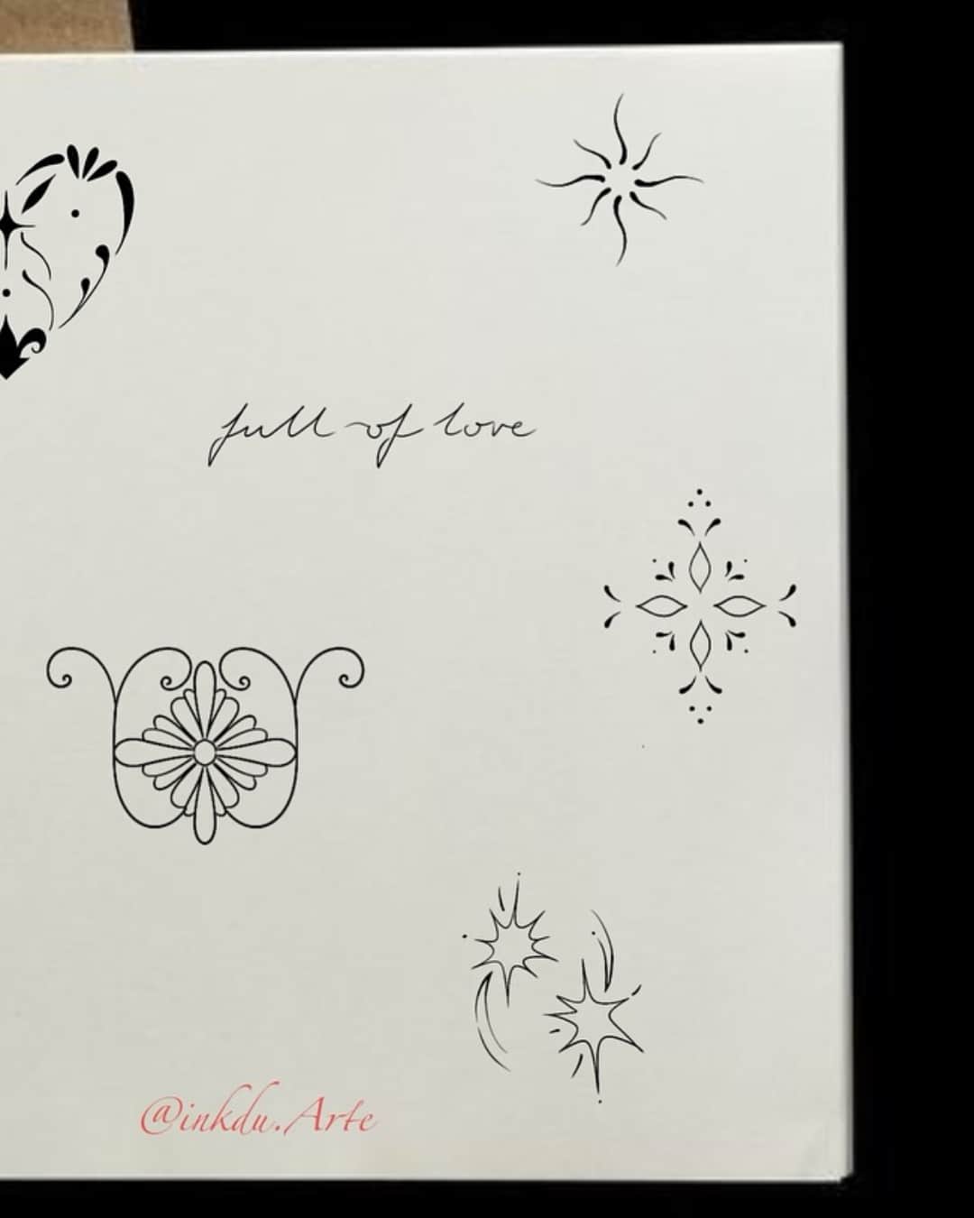 Flower, heart symbol, sun, cross and lettering flash, Ornamental style, by Luisa Duarte in Austin, TX