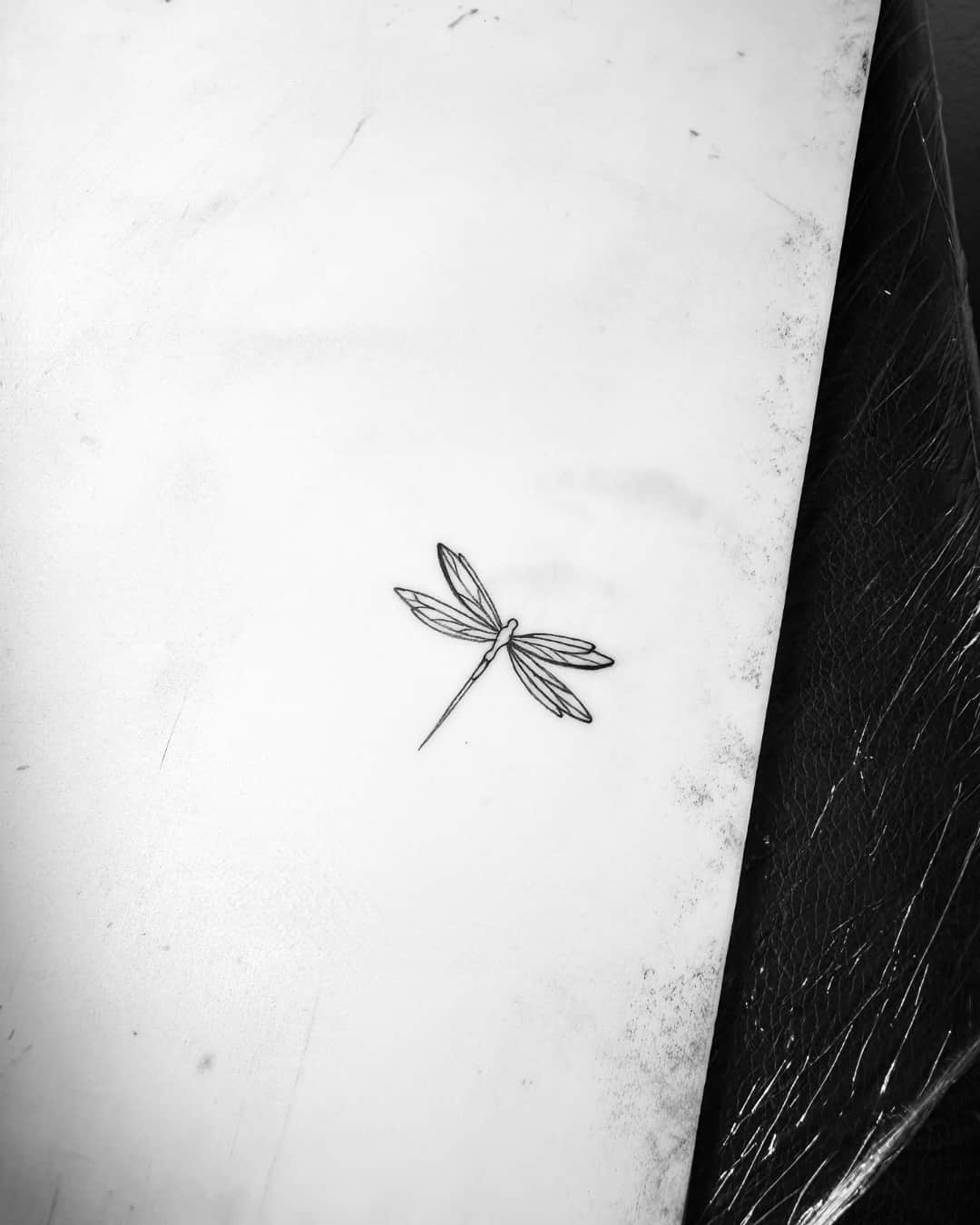 Small dragonfly flash on the ribs, Realism style, by Luisa Duarte in Austin, TX