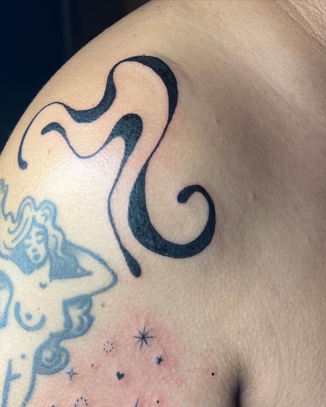 Zodiac sign, female figure and star tattoo on the shoulder, Suminagashi style, by Emma in Austin, TX