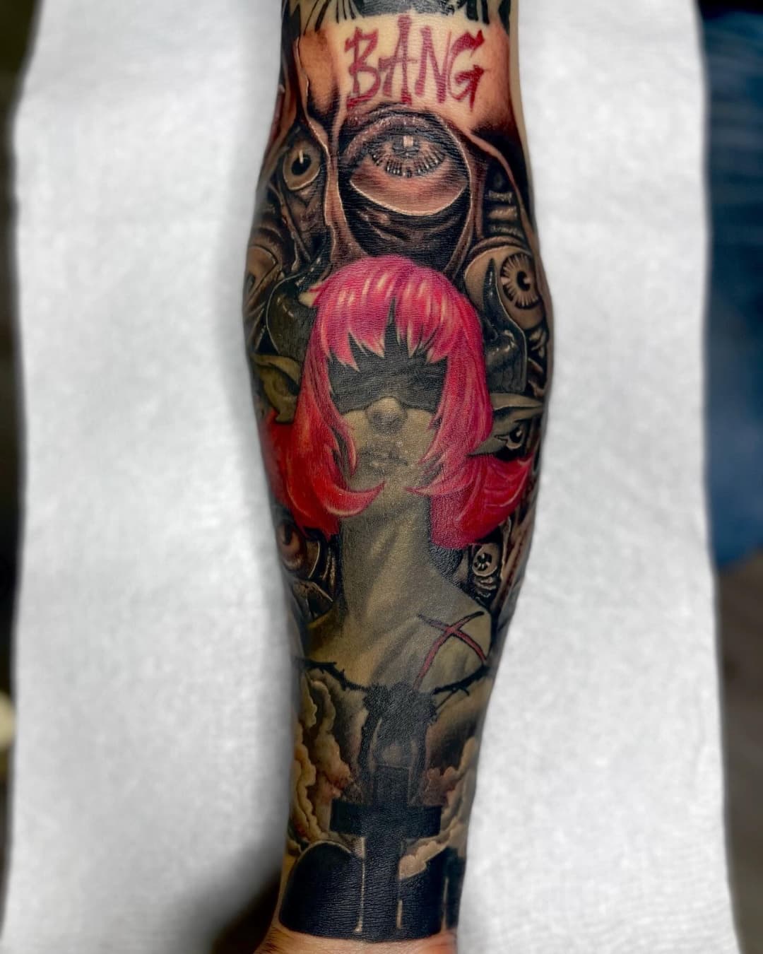 Female figure, eye and cross tattoo on the forearm, half sleeve, Anime & Pop Culture style, by Inksane Shorty in Austin, TX