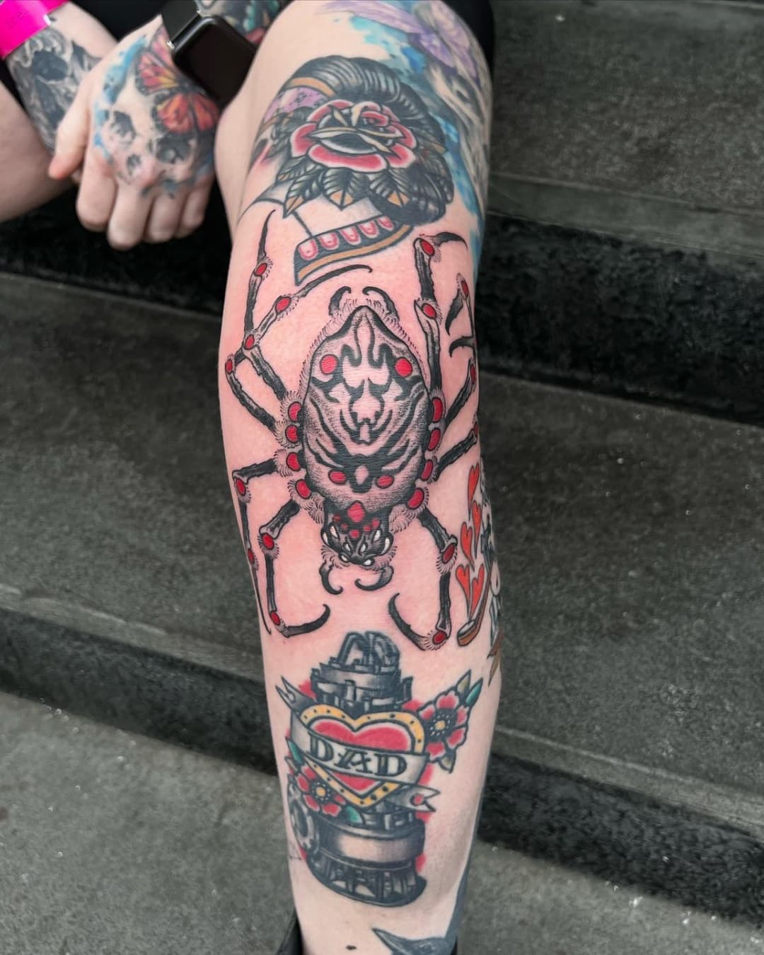 Spider, rose and heart symbol tattoo on the calf, large piece, Illustrative style, by Donny Newman in Austin, TX