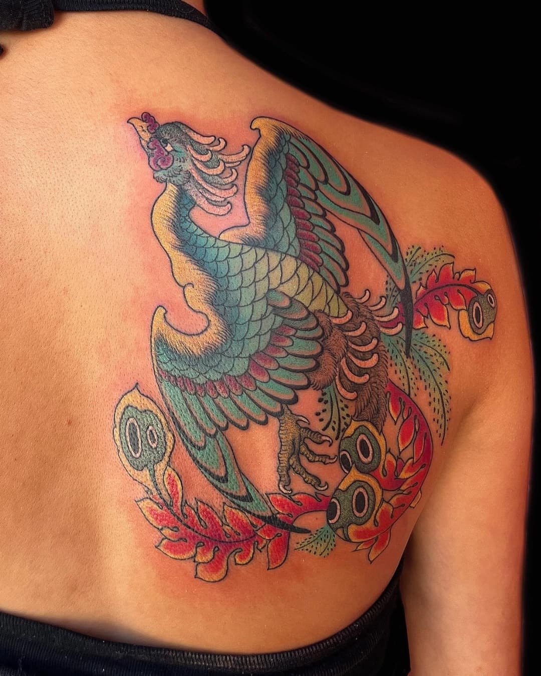 Dragon, flower and peony tattoo on the upper back, large piece, Illustrative style, by Donny Newman in Austin, TX