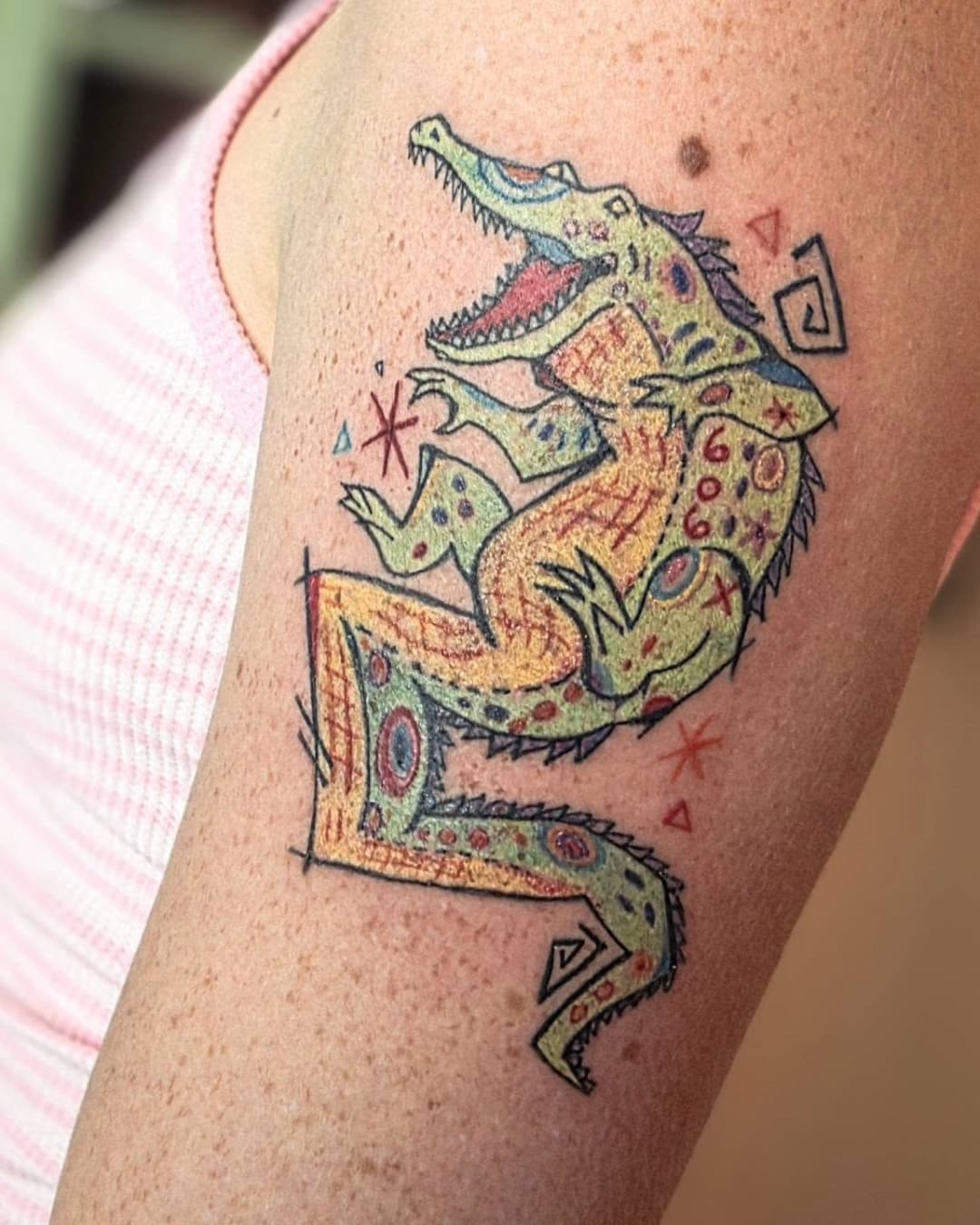 Lizard, crocodile and temporary tattoo on the upper arm, Sketch style, by Slowpoke Tattoo in Austin, TX